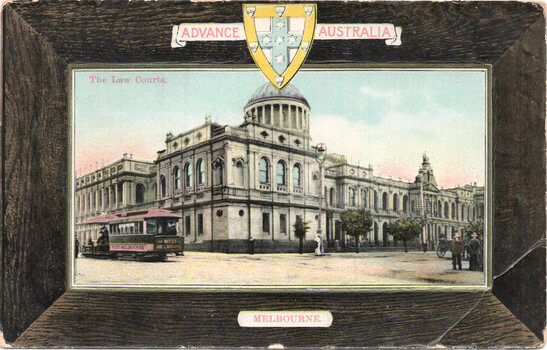 A vintage postcard shows the Law Courts building in Melbourne, Australia, featuring a prominent golden dome. A green tram with "WEST MELBOURNE" written on its side is on the street in front of the imposing classical architecture of the courts. Several figures are visible on the street, along with a horse-drawn carriage.