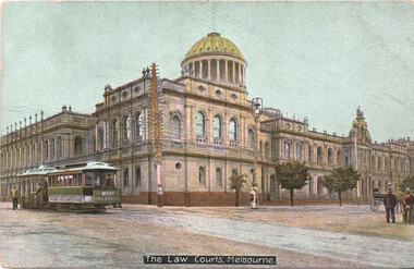 A vintage postcard shows the Law Courts building in Melbourne, Australia, featuring a prominent golden dome. A green tram with "WEST MELBOURNE" written on its side is on the street in front of the imposing classical architecture of the courts. Several figures are visible on the street, along with a horse-drawn carriage.