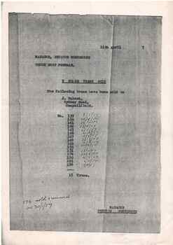 A document titled "MANAGER, PRESTON WORKSHOPS TRUCK SHOP FOREMAN." dated "11th April 1957" lists "0 GLASS TRANS SOLD" with a table of transmission numbers and sale dates to "J. Talent, Sydney Road, Campbellfield." A handwritten note at the bottom left states "174 sold & removed on 30/1/57".