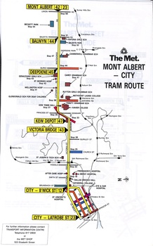Map of the Met Mont Albert - City tram route, showing various stops and landmarks.
