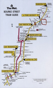 Map of the Met Bourke St tram routes, showing various stops and landmarks.