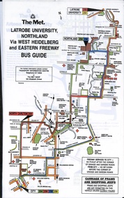 Bus route map for Latrobe University, Northland, West Heidelberg, and Eastern Freeway. The map details bus numbers and routes including those for the City.