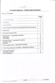 "Training Module - Points and Shunting" - table of contents
