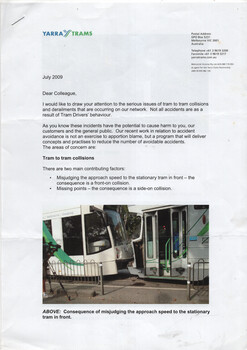 Letter - tram collisions and derailments