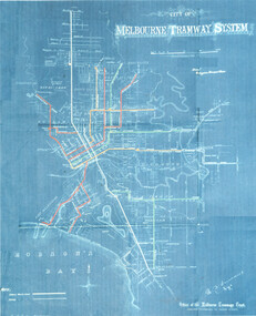 Vintage blueprint map of the City of Melbourne Tramway System, showing routes in red, orange, yellow, and green, with key suburbs and geographical features like Hobson's Bay.