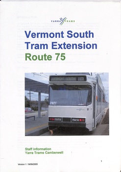A Yarra Trams tram displaying "VERMONT SOUTH 75" at a stop. The document cover is titled "Vermont South Tram Extension Route 75."