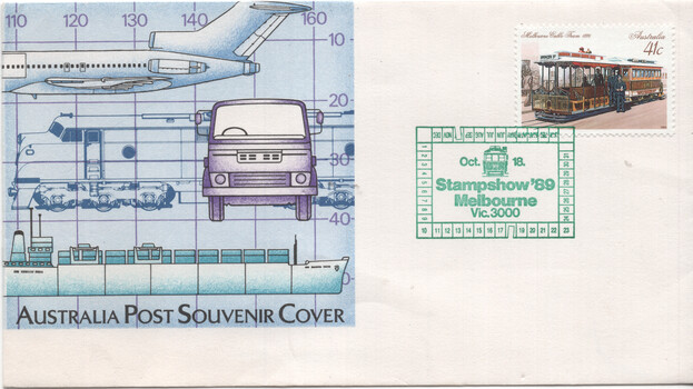 Illustration of a passenger jet, train, truck, and cargo ship on a grid with scale markings, alongside a postage stamp featuring a historic tram, with text "Melbourne Trams 1900" and "41c Australia", and a green postmark for "Stampshow '89 Melbourne Vic. 3000" dated Oct 18.