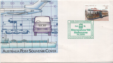 Illustration of a passenger jet, train, truck, and cargo ship on a grid with scale markings, alongside a postage stamp featuring a historic tram, with text "Melbourne Trams 1900" and "41c Australia", and a green postmark for "Stampshow '89 Melbourne Vic. 3000" dated Oct 18.