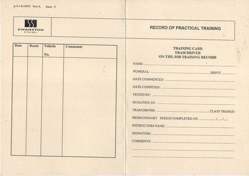 Form - "Record of Practical Training" for tram drivers.