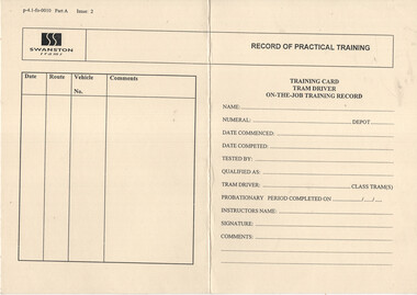 Form - "Record of Practical Training" for tram drivers.