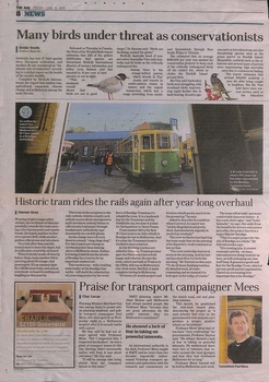 Newspaper clipping featuring stories of tram 959 at Bendigo and death of Paul Mees.