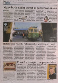 Newspaper clipping featuring stories of tram 959 at Bendigo and death of Paul Mees.