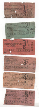 A collection of six vintage Melbourne and Metropolitan Tramways Board tickets of varying denominations (1d, 2d, 3d, 4d, 5d), each with printed instructions and a numerical dial for fare selection.