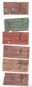 A collection of six vintage Melbourne and Metropolitan Tramways Board tickets of varying denominations (1d, 2d, 3d, 4d, 5d), each with printed instructions and a numerical dial for fare selection.