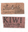 Two vintage product labels, one for "Stephens Fountain Pen Ink" on tan paper and another for "KIWI The Quality Boot Polish BLACK AND TANS" on pinkish-brown paper.