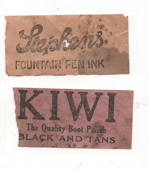Two vintage product labels, one for "Stephens Fountain Pen Ink" on tan paper and another for "KIWI The Quality Boot Polish BLACK AND TANS" on pinkish-brown paper.