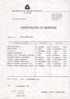 "Certificate of Service" for Dean Bernardini 1960 to 1993.