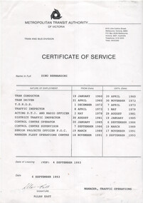 "Certificate of Service" for Dean Bernardini 1960 to 1993.