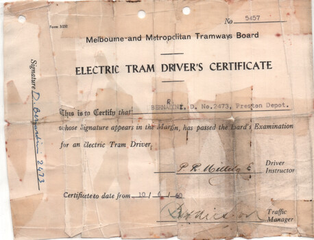 printed "Electric Tram Driver's Certificate No. 5457" for Dean Bernardini