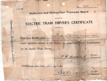 printed "Electric Tram Driver's Certificate No. 5457" for Dean Bernardini