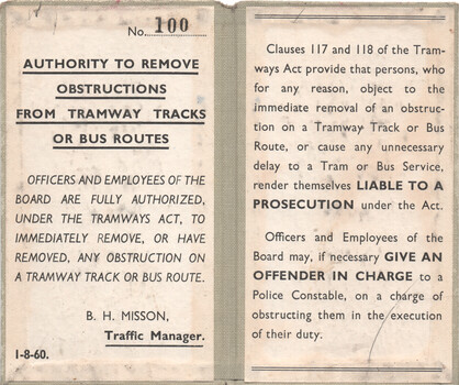 A document titled "AUTHORITY TO REMOVE OBSTRUCTIONS FROM TRAMWAY TRACKS OR BUS ROUTES" with text detailing the authorization and legal implications for removing obstructions and for causing delays to tram or bus services.