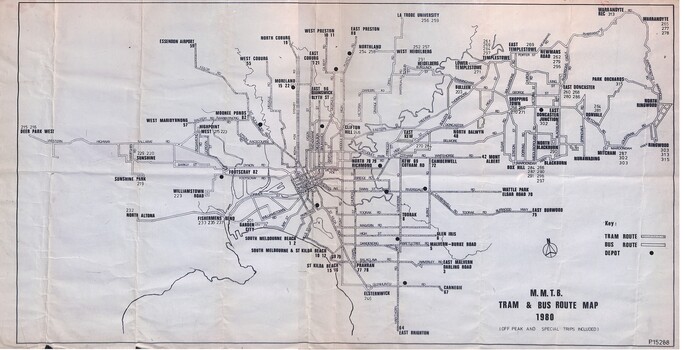 A black and white tram and bus route map from 1980, titled "M.M.T.B. TRAM & BUS ROUTE MAP 1980". The map shows numerous routes crisscrossing an urban area with place names and route numbers.