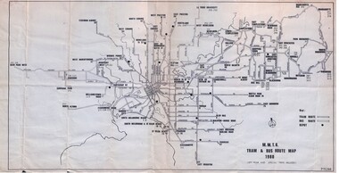 A black and white tram and bus route map from 1980, titled "M.M.T.B. TRAM & BUS ROUTE MAP 1980". The map shows numerous routes crisscrossing an urban area with place names and route numbers.