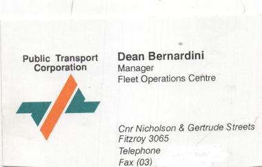 Business card for Public Transport Corporation featuring the name Dean Bernardini, Manager of Fleet Operations Centre, along with contact details including address and telephone numbers.