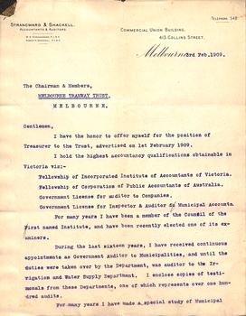 1st page of application letter from W O Strangward