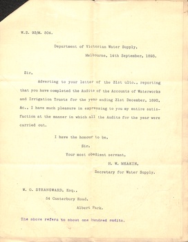 Letter from Department of Water Supply to Strangward about his auditing of the accounts.