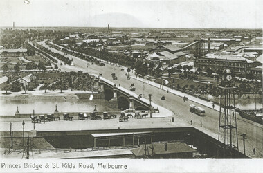 Aerial view of Princes Bridge and St. Kilda Road in Melbourne, showing horse-drawn carriages, early automobiles, and a tram on the road, with a large cityscape.