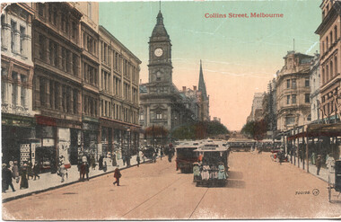 A busy street scene in Melbourne, Australia, with ornate 19th-century buildings lining the sides. A prominent clock tower rises above the architecture. Several cable trams are visible on the street, carrying passengers. Pedestrians stroll along the footpaths.