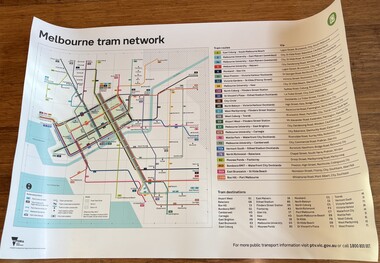 Large format map showing melbourne tram routes, list of tram routes and tram destinations.