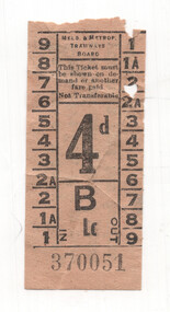 Vintage Melbourne & Metrop. Tramways Board ticket with "4d" fare, "B" route, and serial number 370051.