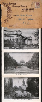 Vintage "Rose Series Picturesque Views of Melbourne Australia" postcard featuring three black and white photographs: Parliament House, St Kilda Road, and Captain Cook's Cottage.
