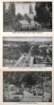 Three black and white photographs of Melbourne, Australia. Top image: Captain Cook's Cottage in Fitzroy Gardens. Middle image: A view looking across Princes Bridge towards St. Kilda Road, with traffic and trams. Bottom image: A tree-lined avenue and garden path on St. Kilda Road.