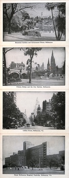 Collage of four vintage black and white photographs of Melbourne, Australia: the Botanical Gardens and Government House, Princes Bridge and the city skyline, a view down Collins Street with a tram, and the Royal Melbourne Hospital.