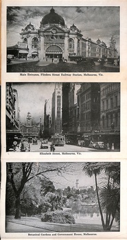 Three black and white photos of Melbourne, Australia: Top: the grand, domed entrance of Flinders Street Railway Station. Middle: a busy street scene on Elizabeth Street with a tram, cars, and tall buildings. Bottom: a tranquil view of the Botanical Gardens with a lake and Government House in the distance.