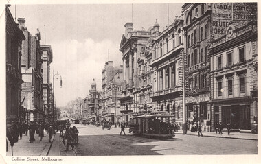 Depicts a bustling street scene on Collins Street in Melbourne. Ornate, multi-story buildings with elaborate architecture line both sides of the street. A cable tram with passengers travels down the center of the road, alongside horse-drawn carriages. Pedestrians in period clothing walk along the sidewalks, creating a lively atmosphere of a bygone era.