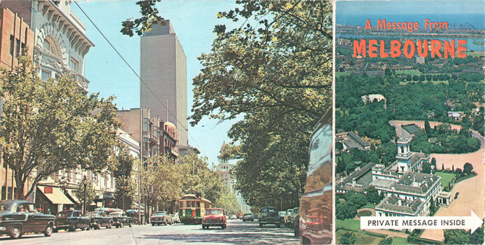Split image: Left side shows a vintage street scene in a city with ornate buildings, trees, cars, and a tram. The right side is a postcard view of Melbourne with a large estate surrounded by trees, with the text "A Message From MELBOURNE" at the top and "PRIVATE MESSAGE INSIDE" at the bottom.