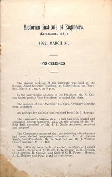 Cover of the Victorian Institute of Engineers jounal cover 1927