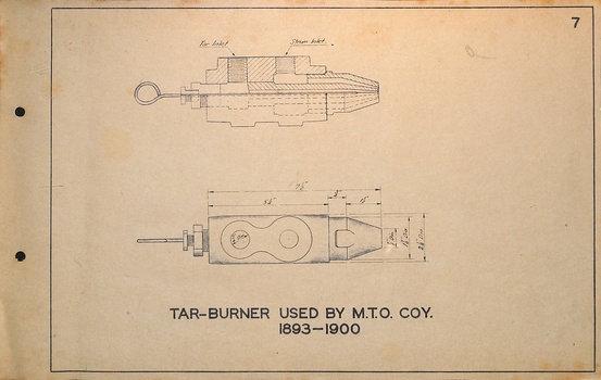 Technical drawing showing a cross-section and elevation of a tar burner used by M.T.O. COY. from 1893-1900, with dimensions and labels for tar and steam inlets.