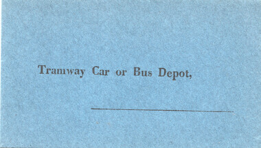 Envelope - "Tramway Car or Bus Depot" on dark blue paper