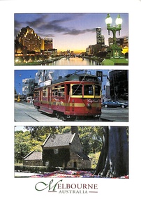 Triptych featuring a Melbourne cityscape at dusk with a Yarra River view, a classic red tram on a street, and a heritage stone cottage surrounded by greenery and flowers, with the text "MELBOURNE AUSTRALIA" at the bottom.