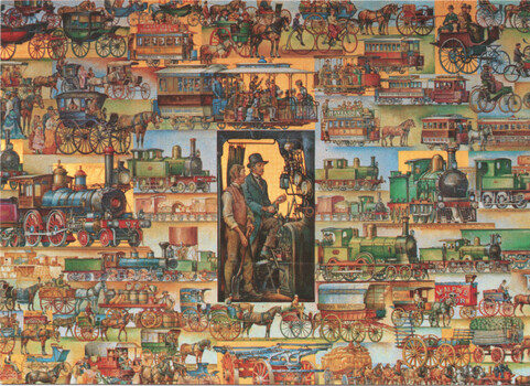 Collage of historical transportation, featuring numerous steam locomotives, horse-drawn carriages, and early automobiles, with a central detail of two men operating a steam engine control panel.