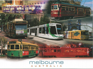 Collage of vintage and modern trams in Melbourne, Australia, including a purple tram with "A World of Entertainment," a red "City Circle" tram, a green and yellow tram, a modern white tram with green accents, a yellow tram with dragon graphics, and a red "Restaurant" tram.