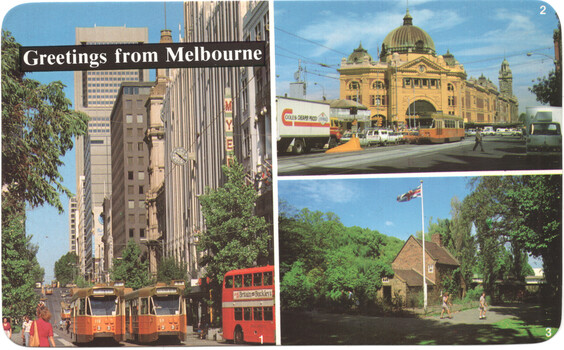 Collage of three vintage postcard images of Melbourne, Australia: left panel shows a street scene with modern skyscrapers and historic trams; top right panel features a grand domed building with trams on the street; bottom right panel shows a rustic building and a flag.