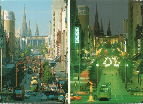 Split image showing a city street at daytime on the left and nighttime on the right, with buildings, shops, trams, traffic, and ornate streetlights.