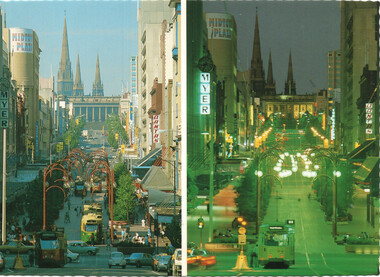 Split image showing a city street at daytime on the left and nighttime on the right, with buildings, shops, trams, traffic, and ornate streetlights.
