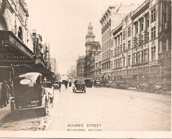 A bustling Bourke Street in Melbourne, Victoria, featuring classic automobiles and pedestrians on a wide sidewalk lined with ornate 1920s architecture, including a prominent clock tower in the distance and one cable tram.